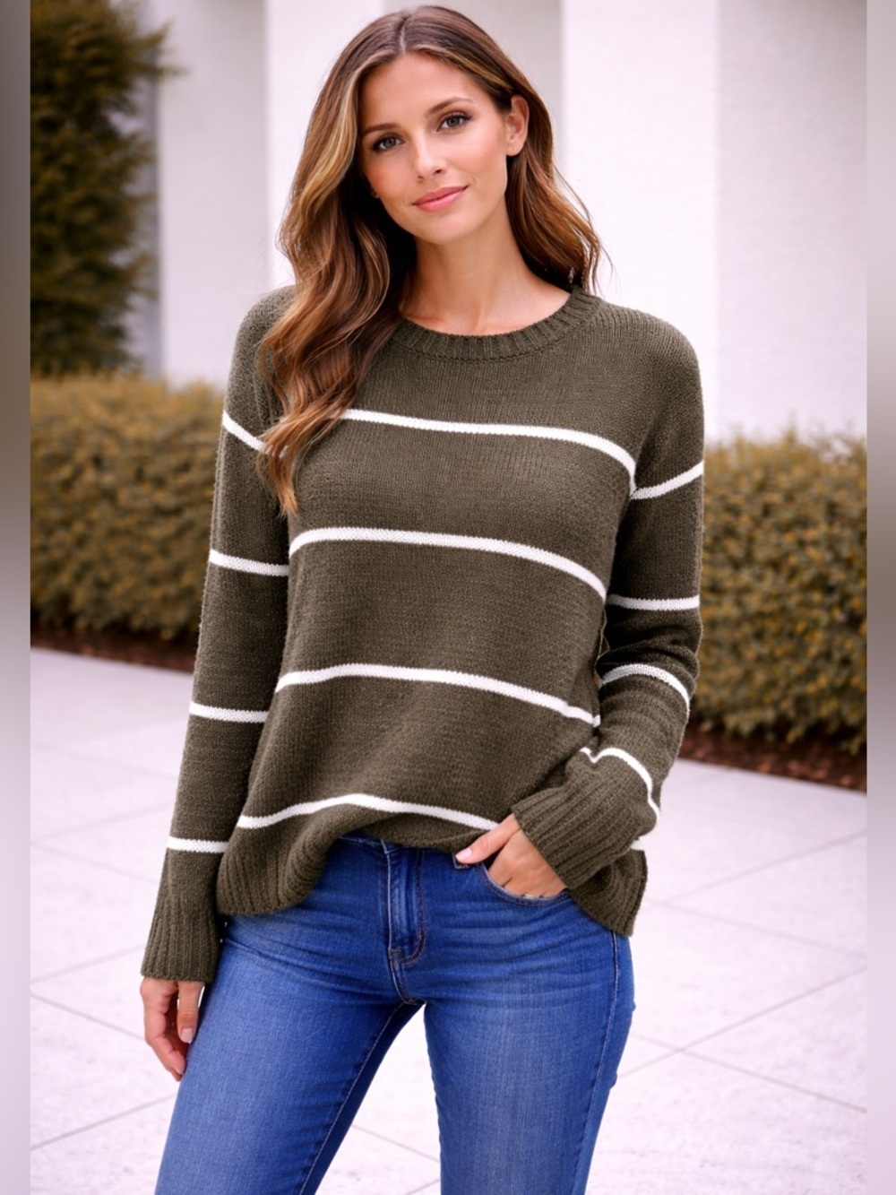 Bobeau Olive Green Striped Sweater